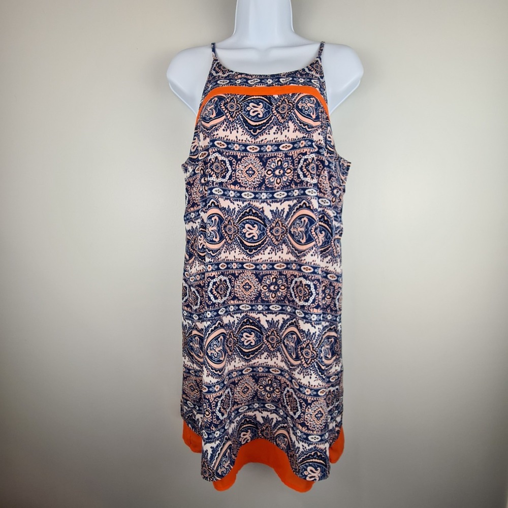 THML Anthropologie M Blue Orange Paisley Strappy Mini Dress Shift Lined Strap
